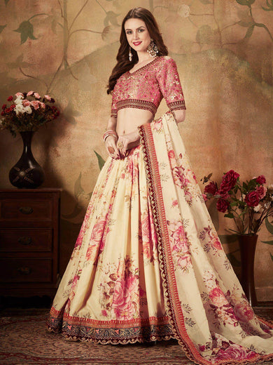 Off White Floral Digital Printed Organza Bridal Lehenga Choli